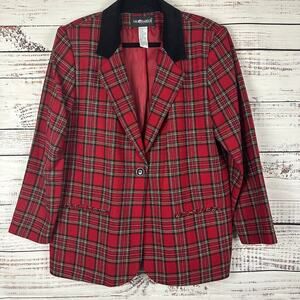 VTG Sag Harbor Red Tartan Plaid Wool Blend Blazer Jacket Velvet Collar 16P Women
